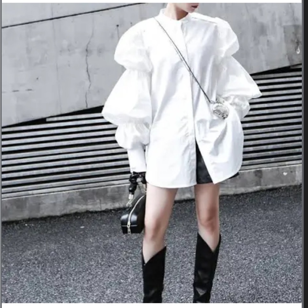 Marigold shadows white puffed sleeves button up shirt
